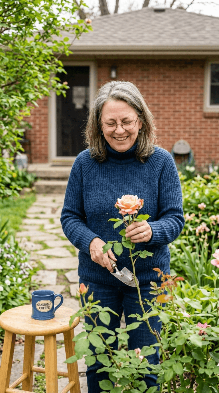A smiling woman tending roses in her garden on a spring afternoon