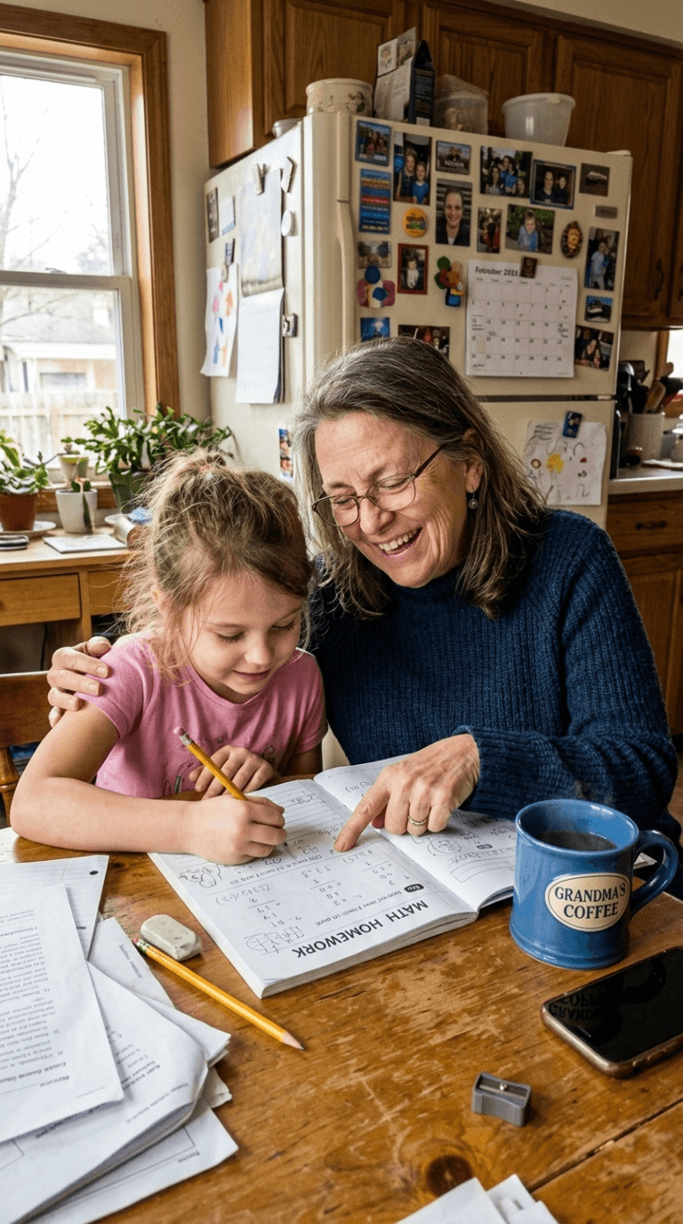 A woman helping a young girl with her homework at the kitchen table
