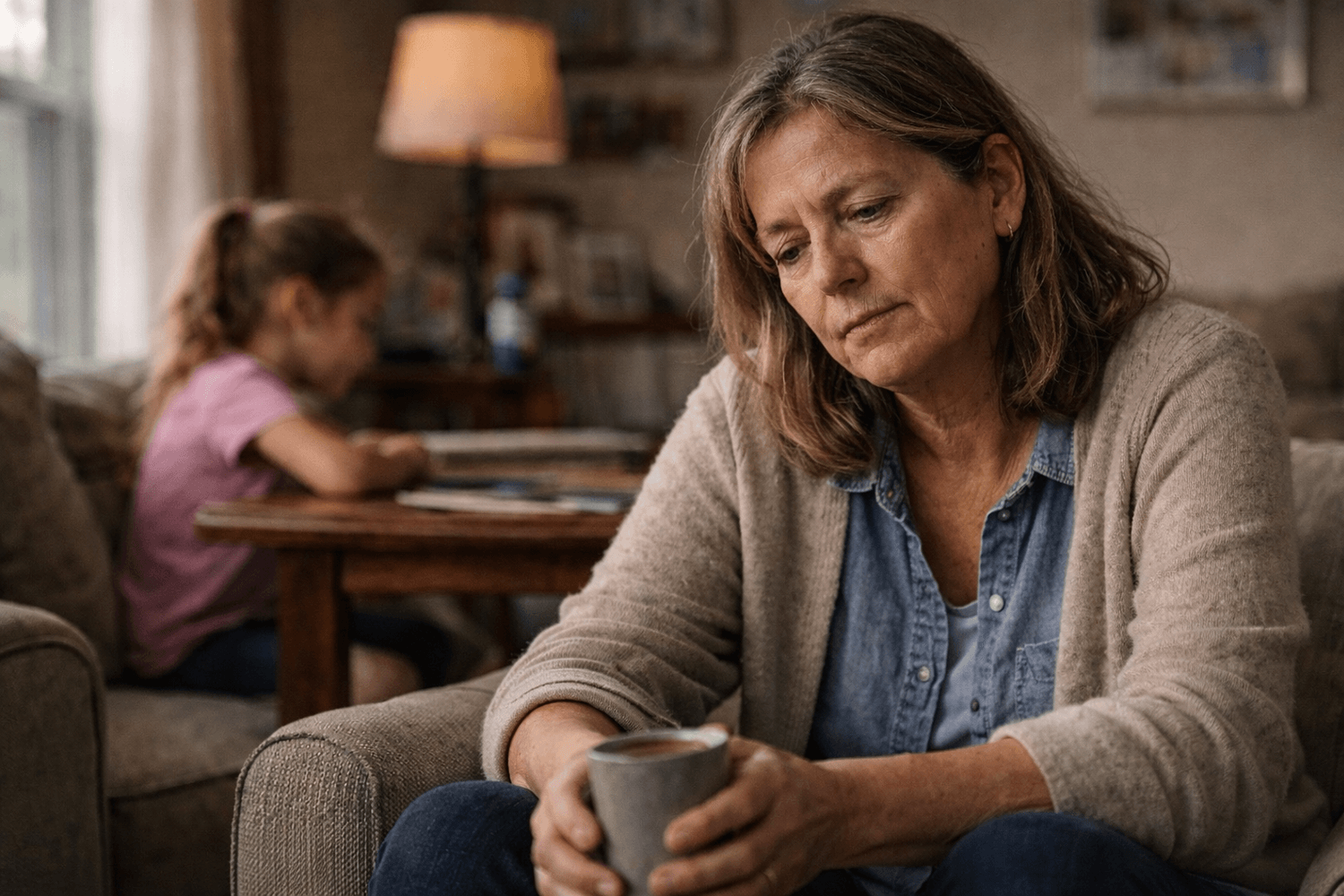 A woman sitting quietly at home holding a mug, lost in thought